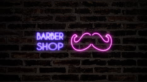 a flickering neon sign with the shape of a moustache beard and the text barber shop, hanging from a brick wall