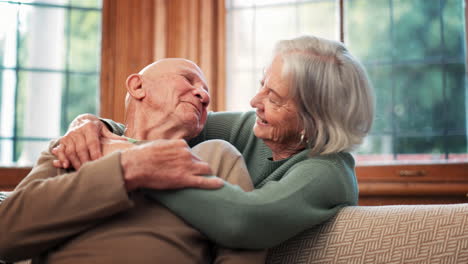 senior couple, kiss and hug in home for love