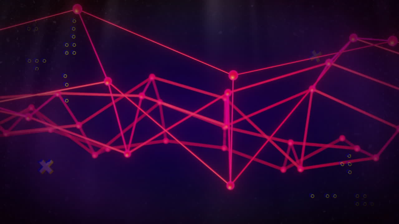 Red geometric network animation over dark background with glowing nodes