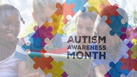 animation of autism awareness text and colorful puzzle pieces over happy playing children