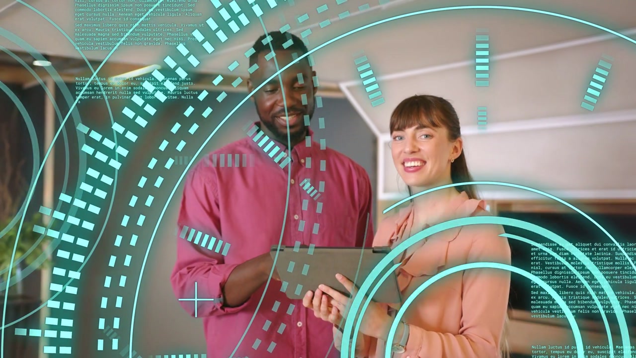 Vertical video: Leaning man tapping tablet as peach blouse woman collaborating at office, HUD