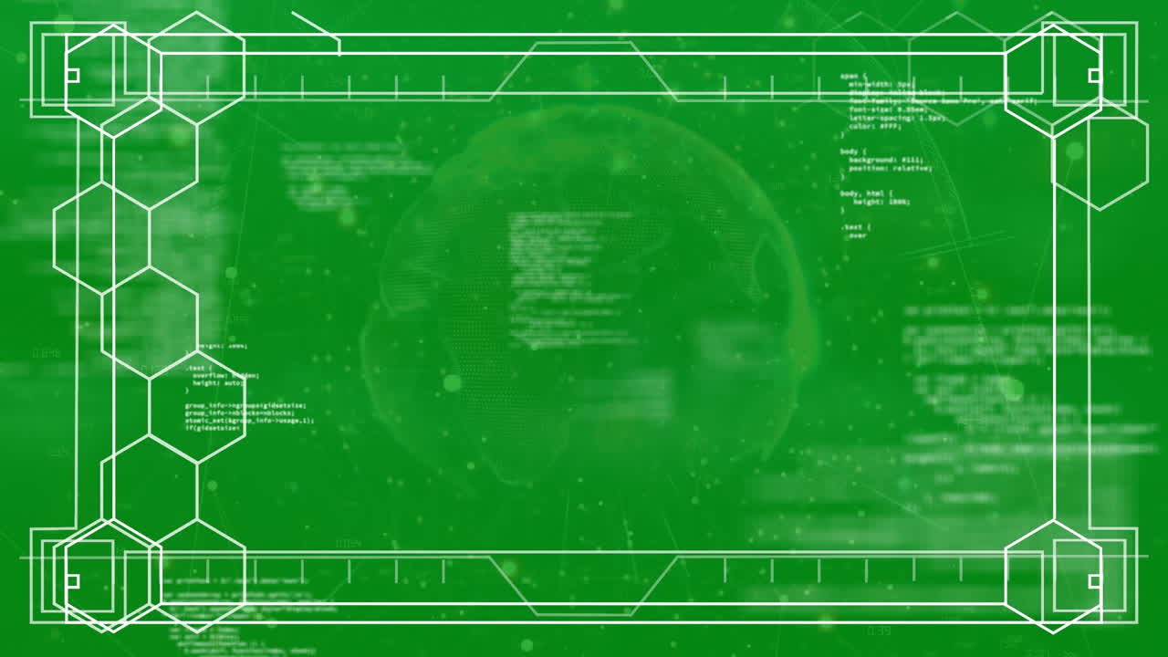 un montón de hexágonos dibujando colmena mientras enmarcado se forma. es un fondo verde con bola en cent
