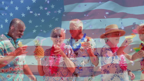 Animation-of-flag-of-usa-over-caucasian-senior-friends-on-beach-in-summer