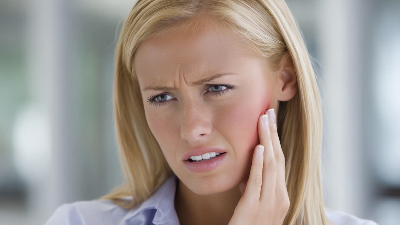 A Young Woman Displays Distress While Holding Her Face, Indicating Discomfort in the Jaw Area, Possibly Due to Dental Issues or Painful Sensations