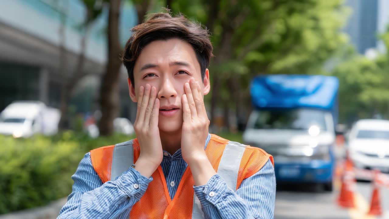 A Construction Worker Expressing Stress and Fatigue While Standing at a Busy Urban Site: A Moment Capturing Emotional Realities of Labor and Persistence