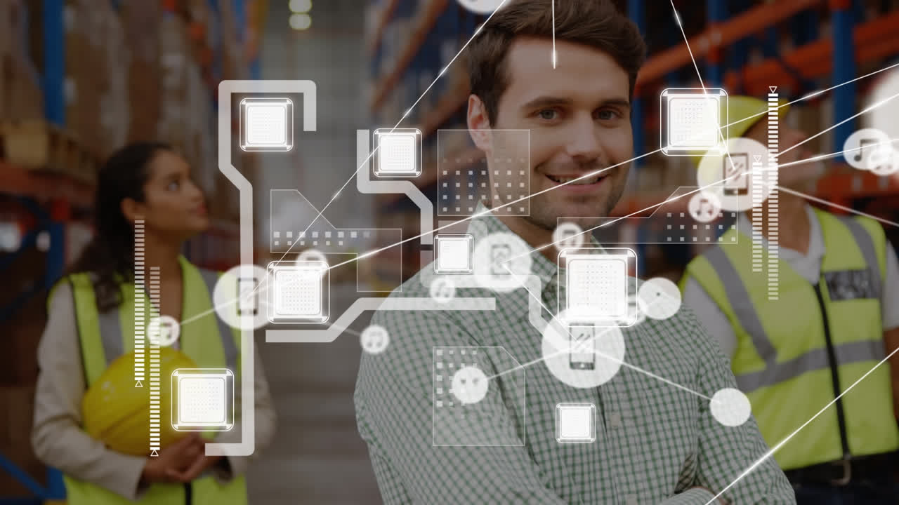 animación de líneas en movimiento alrededor de cubos, iconos conectados, hombre de negocios caucásico de pie en el almacén