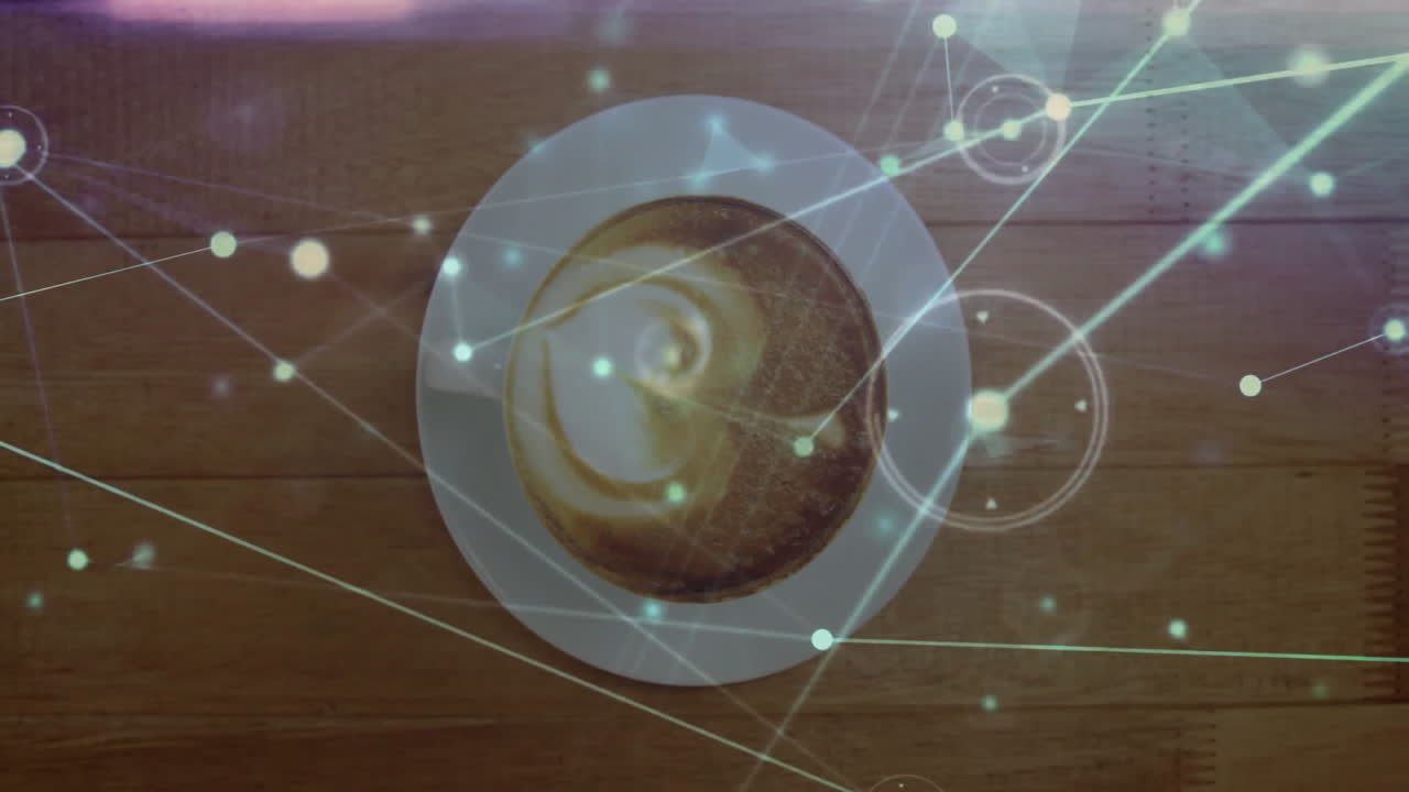 3D render latte cup showing heart art on wooden table with glowing network overlay connecting nodes