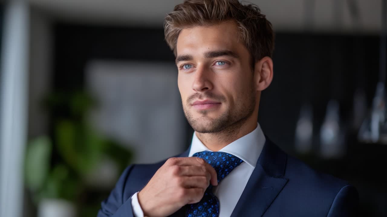 Confident Young Man in Formal Attire Adjusting Tie with Smart and Stylish Expressions in a Modern Setting, Exuding Professionalism and Charm