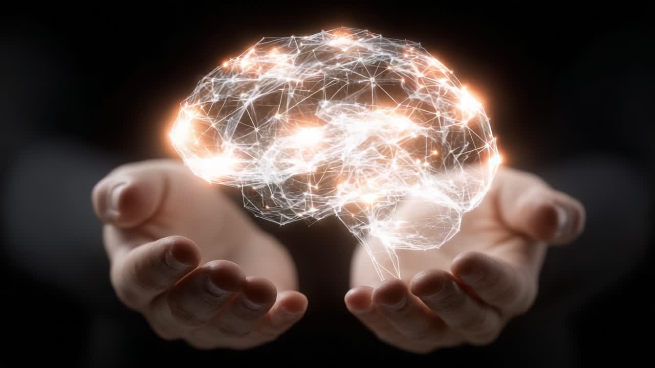 An Artistic Representation of a Human Brain Generated from Light and Energy, Symbolizing Intelligence, Knowledge, and the Complexity of the Human Mind