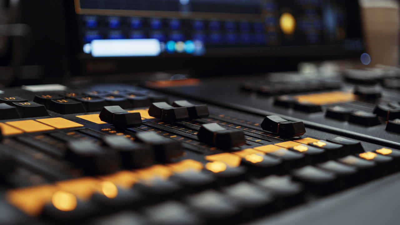Professional dmx lighting control desk console panel faders being all turned down, all lights turned off
