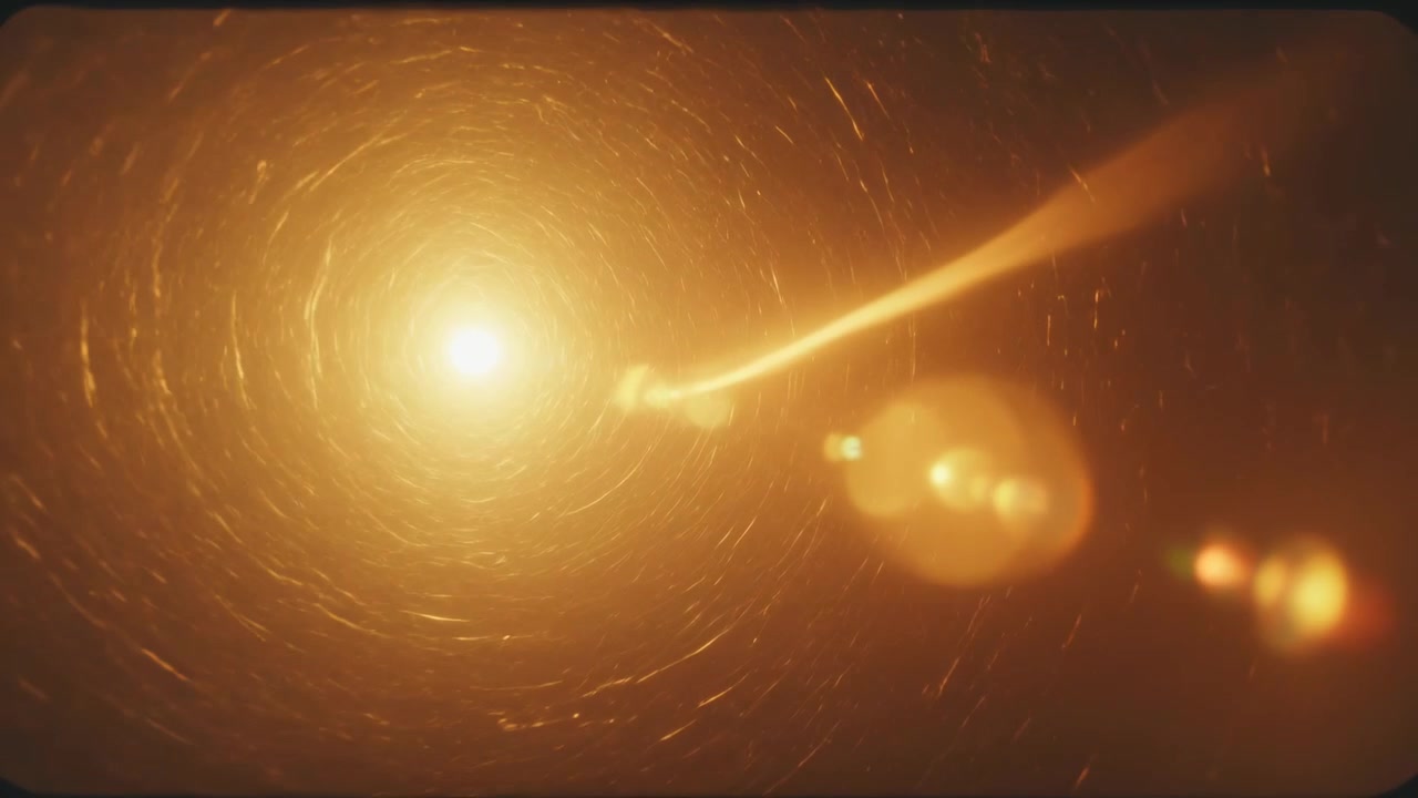 Glowing golden orb rotating particles as diagonal streak entering frame, studio with lens flares