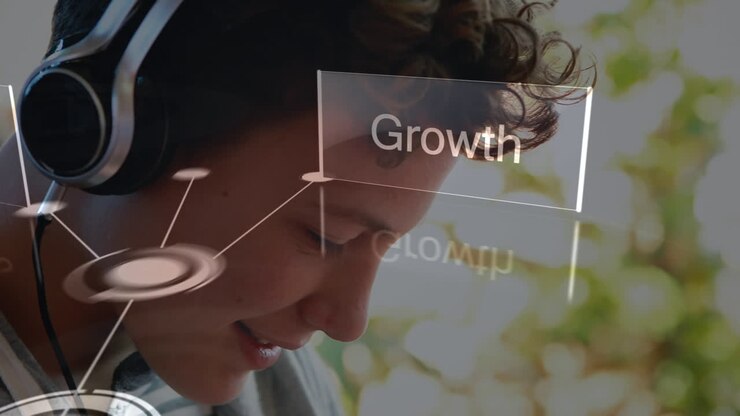 Animation of network of connections over caucasian student using headphones