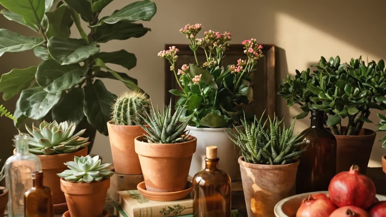 Video in time lapse di piante da appartamento e piante grasse in vaso su un tavolo rustico