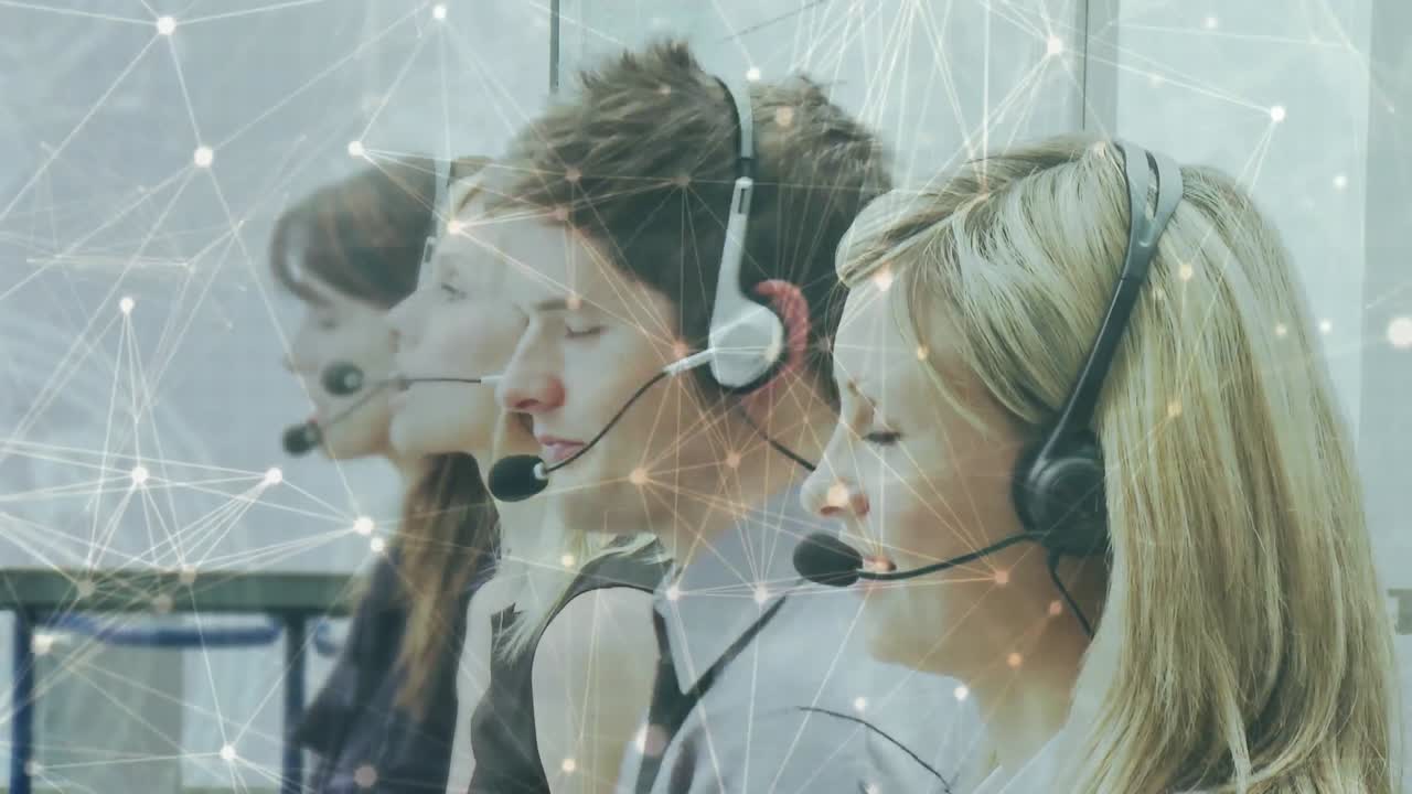 전화 헤드 ⁇ 을 사용하는 비즈니스 사람들을 통해 연결 네트워크의 애니메이션