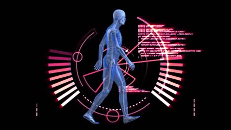 animación digital del modelo del cuerpo humano caminando contra el escáner redondo y el procesamiento de datos