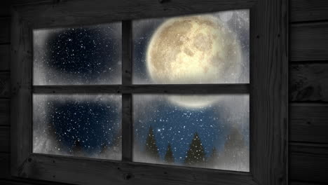 animation of window over snow falling and moon at christmas
