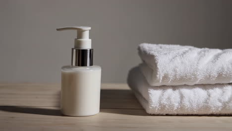 white towels and lotion dispensers on wooden table