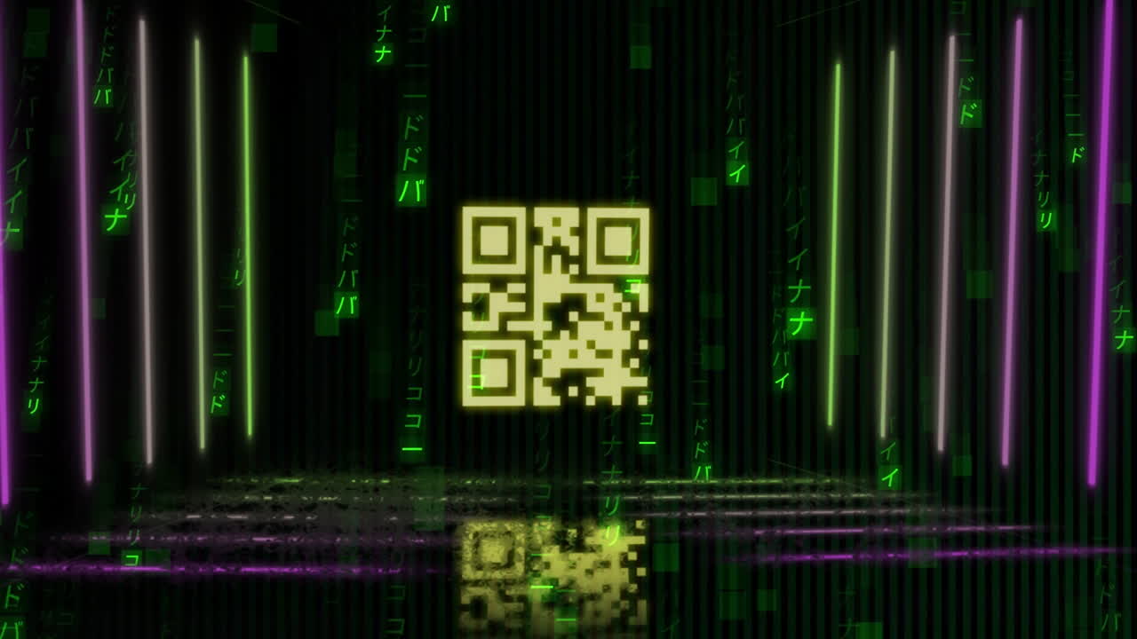 Animation of glowing QR code surrounded by green digital matrix in school