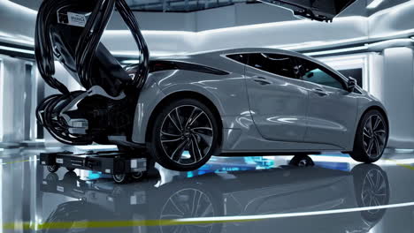 automated electric car maintenance in a futuristic factory