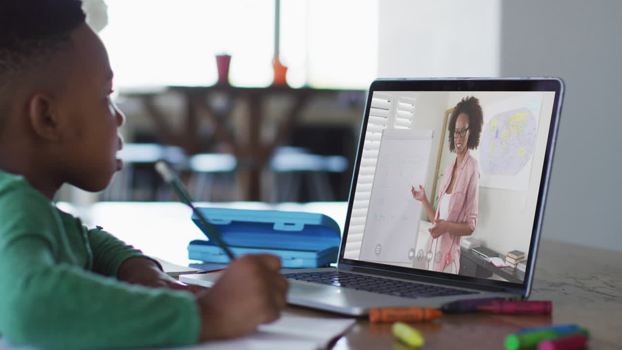 niño afroamericano haciendo la tarea mientras tiene una videollamada con una maestra en una computadora portátil en casa
