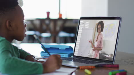african american boy doing homework while having a video call with female teacher on laptop at home