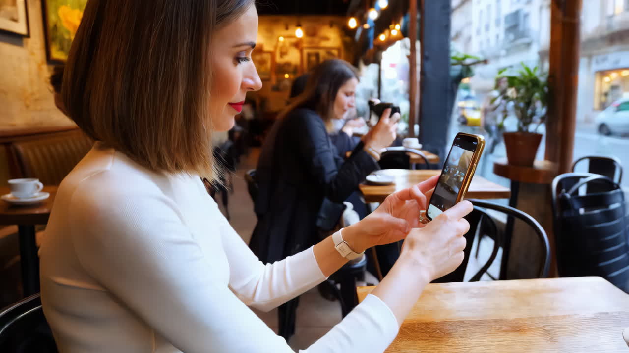 Woman Taking a Photo in a Cafe
