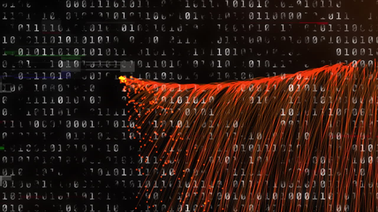 Animation of binary coding over red flowing light trails on black background