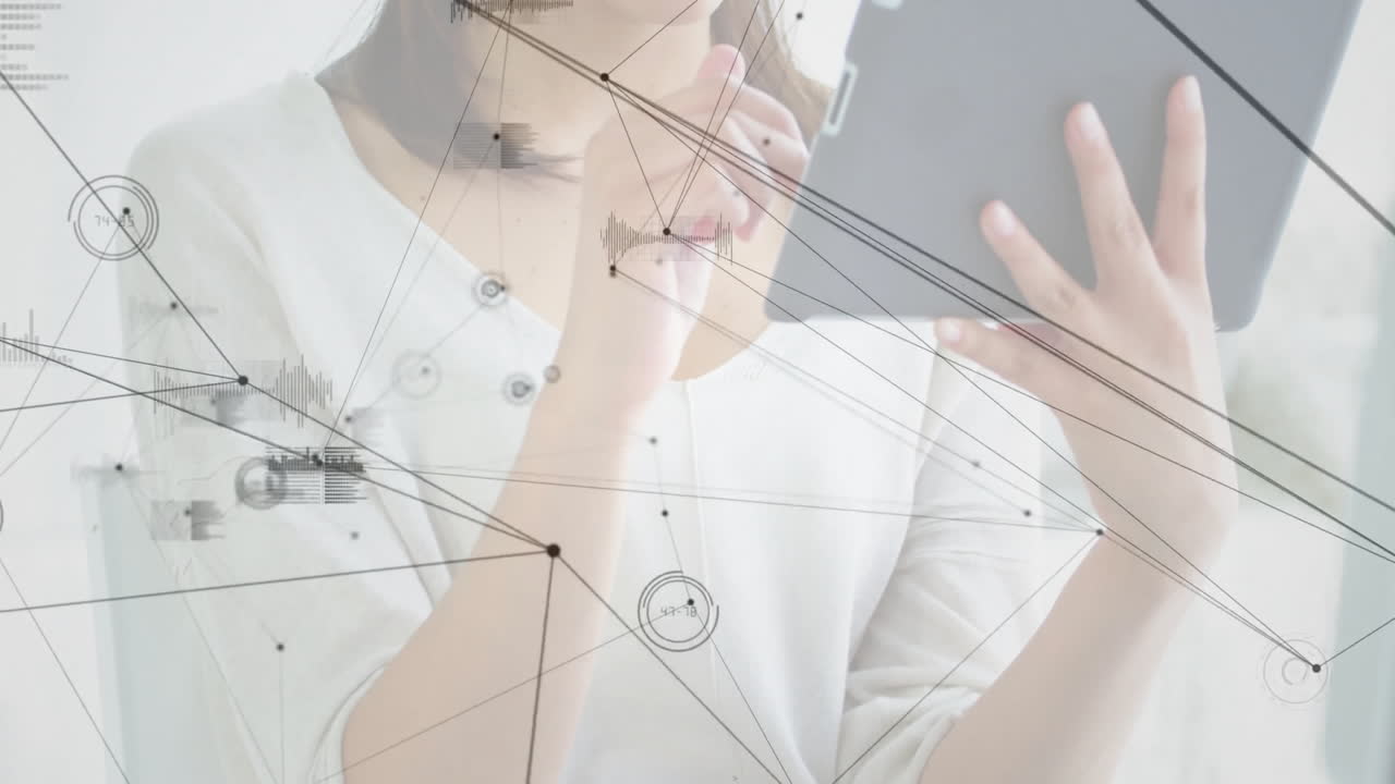 Woman holding tablet, analyzing digital data in tech workspace, showing animated network graphs