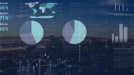 animation of data processing over cityscape