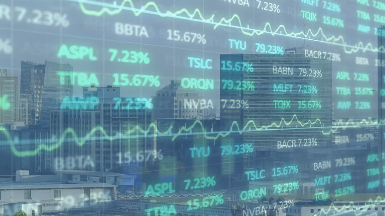 Animation of trading board and line graphs moving over skyscrapers against clear sky in city