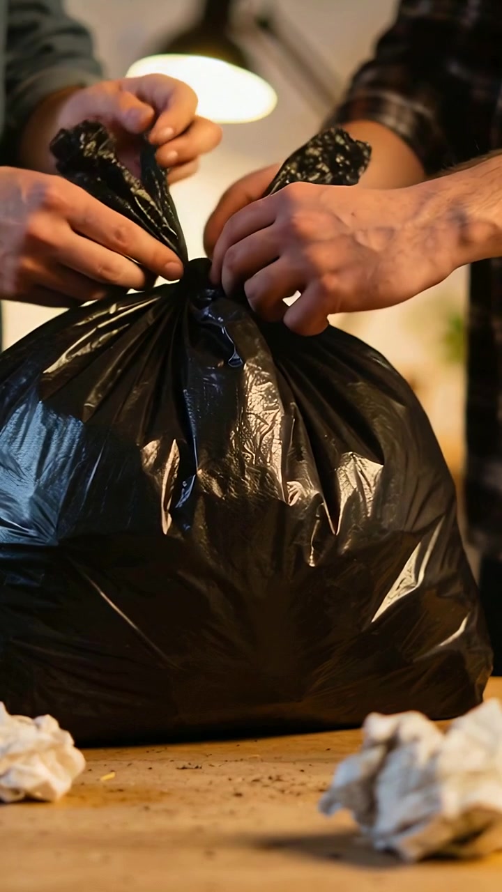 Vertical video: Twisting after cleanup, adults tying garbage bag on table, plaid and teal sleeves