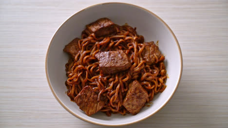 Jjapaguri-or-Chapaguri,-Korean-Black-Beans-Spicy-Noodles-with-Beef---Korean-food-style