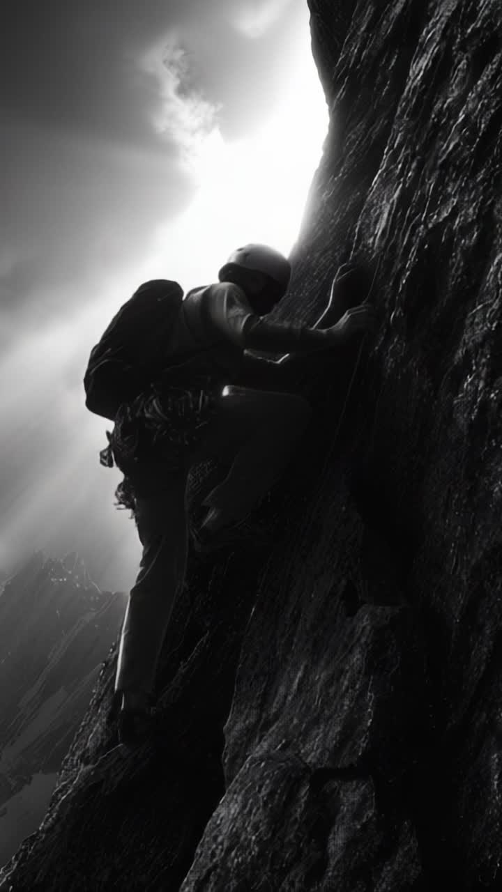 Un Valiente Escalador Ascendiendo una Empinada Montaña Rocosa en Blanco y Negro, Determinado y Enfocado en Alcanzar Nuevas Alturas Contra un Cielo Dramático