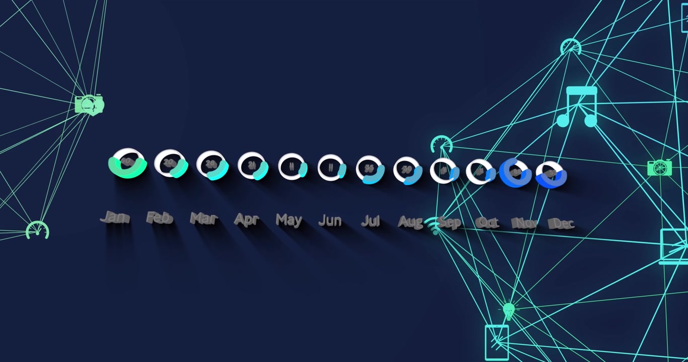 Animation of network of connections and graphs on navy background