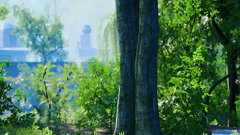 sunlight glimmers through green leaves in a tranquil urban park setting