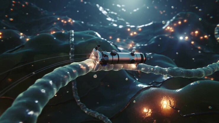 Detecting filament tube microbot aligning probe in neural gel, extending tethers, inspecting nodes