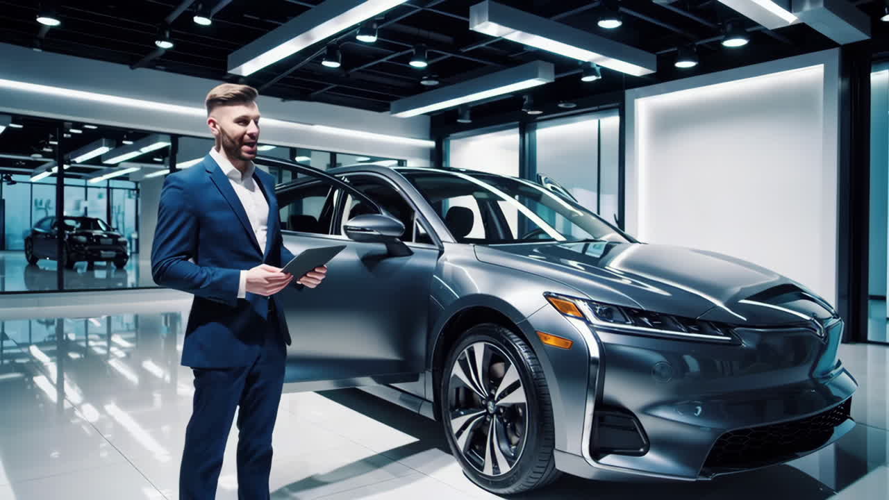 Businessman presenting a modern electric car in a luxury showroom