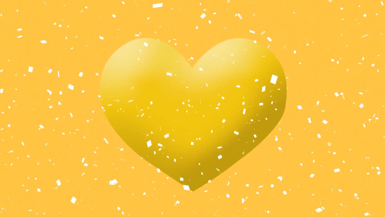 노란색 배경에 노란색 심장 이모지 아이콘 위에 떨어지는  ⁇ 색 콘페티의 디지털 애니메이션