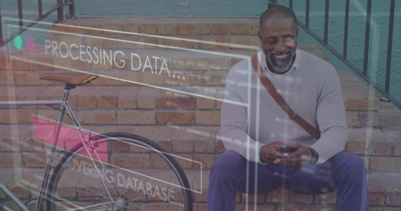 Man tapping phone on steps causing tech overlays sweeping over bike, processing, fading, smiling