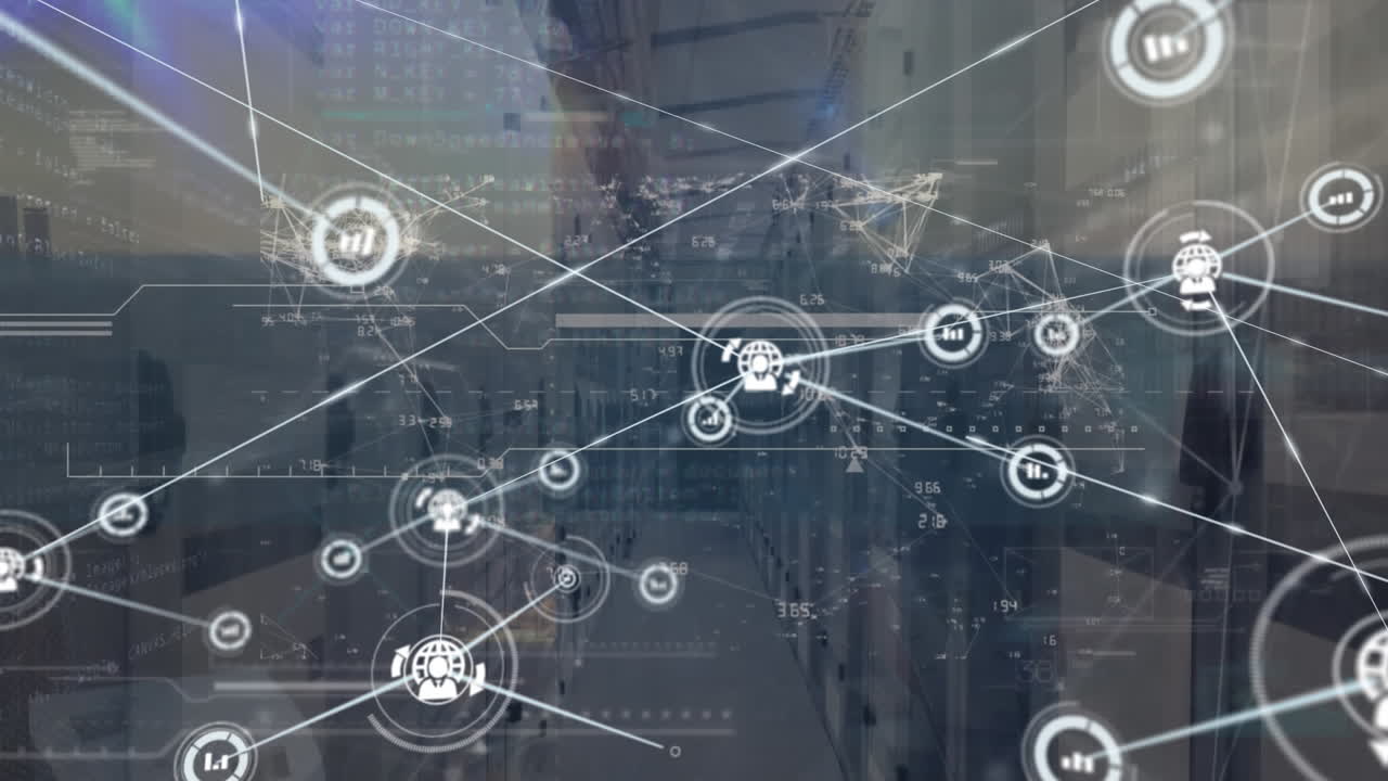 Animation of network of connections with icons and data processing over server room