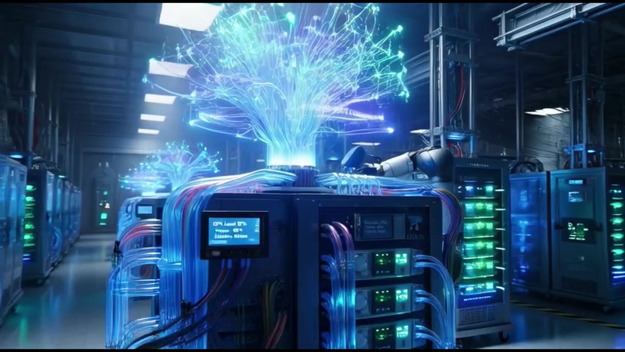 Robotic Arm Maintaining Advanced Server Rack in High-Tech Data Center