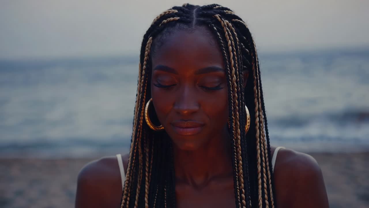 Young black woman with braids and golden earrings closing her eyes, savoring the warm hues of sunset while relaxing on the beach, surrounded by the soothing sound of the ocean waves