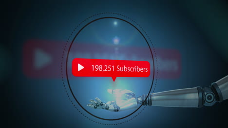 animación del brazo del robot que sostiene el círculo con la notificación de los suscriptores, el icono de reproducción y el número creciente