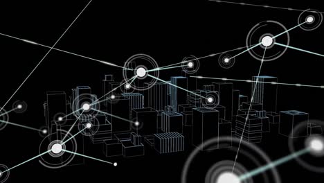 Animation-of-networks-of-connections-with-icons-over-3d-city-drawing-spinning-on-black-background