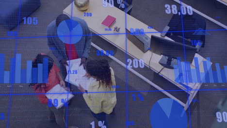 animation of financial data processing over diverse colleagues working in office