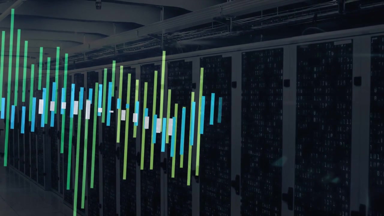 Teal bars appearing at left edge growing and moving inward covering server racks showing data load
