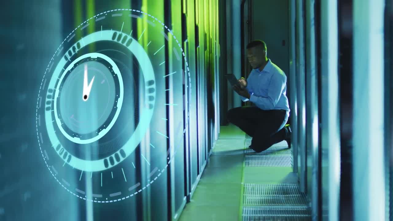 Animation of clock moving over afrcian american man working in servers room