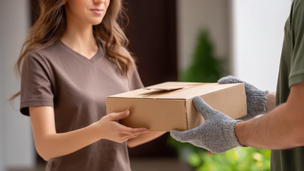Delivery Interaction: A Smiling Woman Receiving a Package from a Gloved Delivery Person at Her Doorstep, Showcasing Friendly Service and Ease of Online Shopping