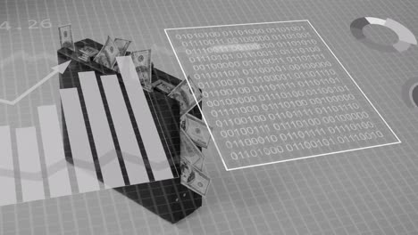 animación del procesamiento de datos financieros sobre billetes de dólares estadounidenses