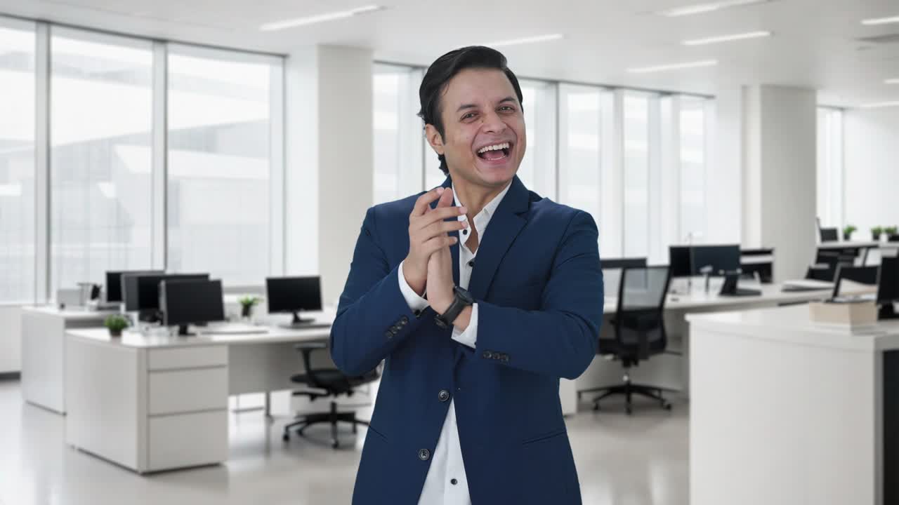 hombre de negocios indio feliz aplaudiendo y apreciando